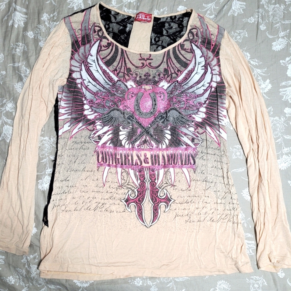 Red Ranch tan, black and pink with gemstones "Cowgirls and Diamonds" long sleeve
